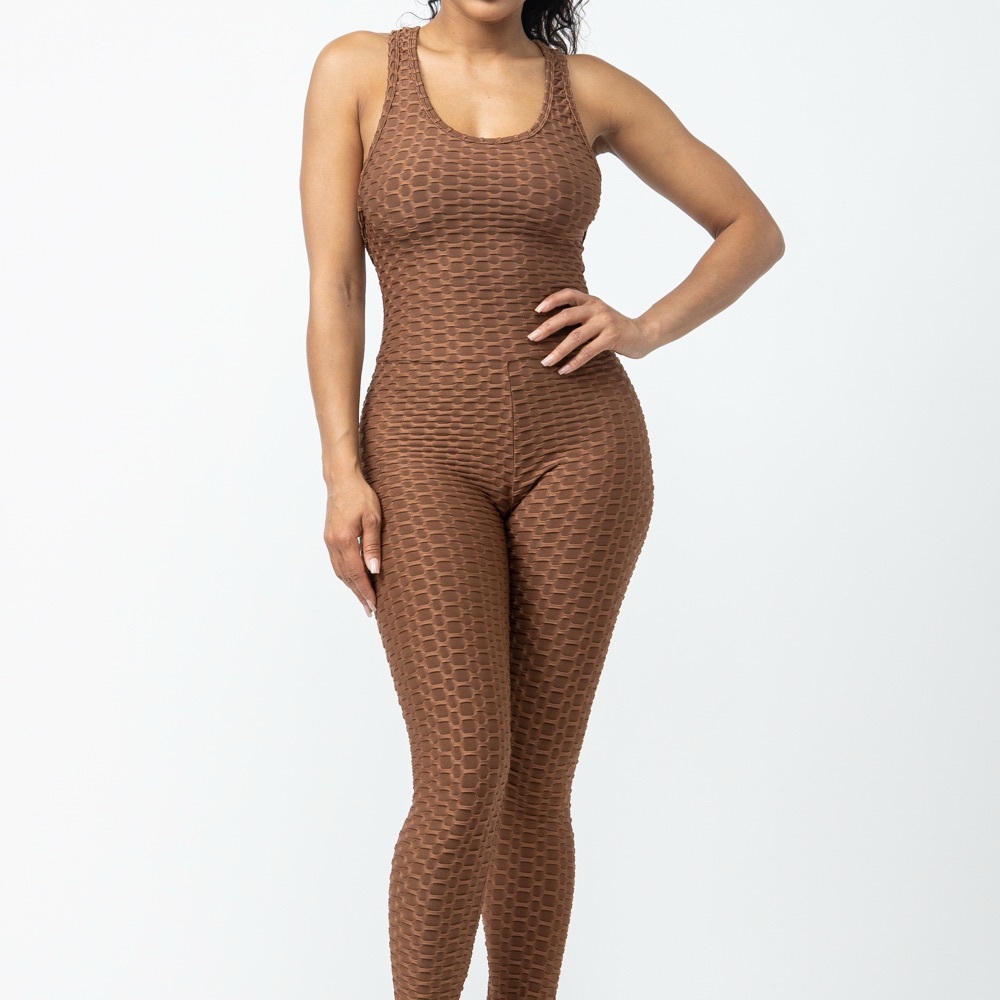 Brown Textured Honeycomb Sleeveless Jumpsuit